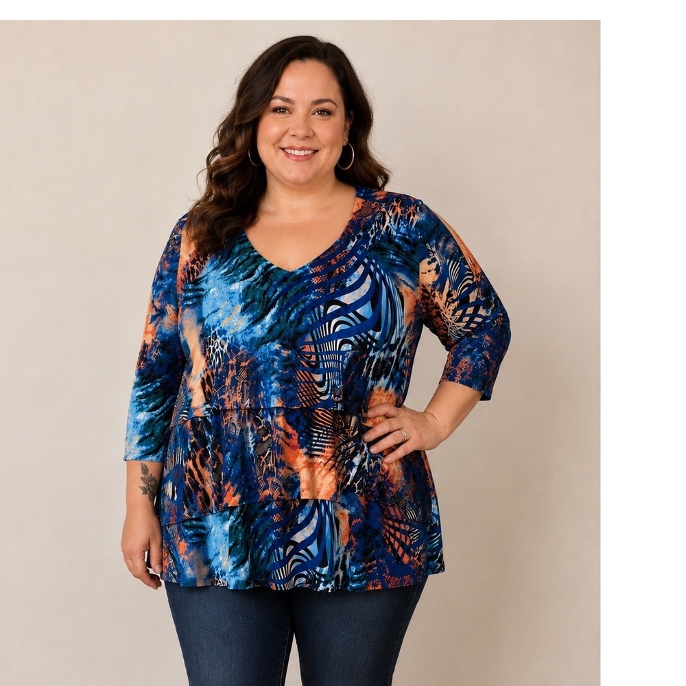 Susan Graver 1X Blue Orange Animal Print Liquid Knit Tiered Ruffle Tunic Top